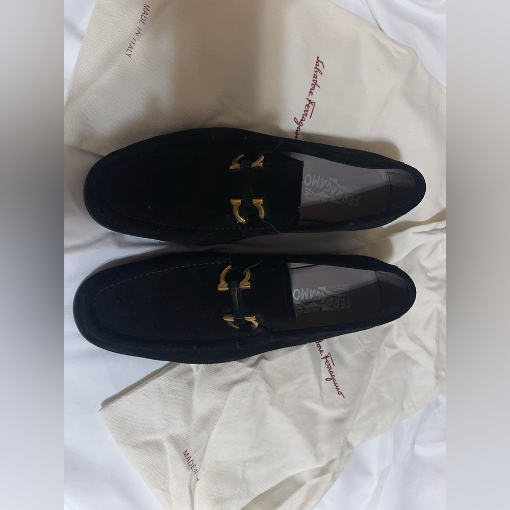 Salvatore Ferragamo Men's Black Loafers with Gold Accents